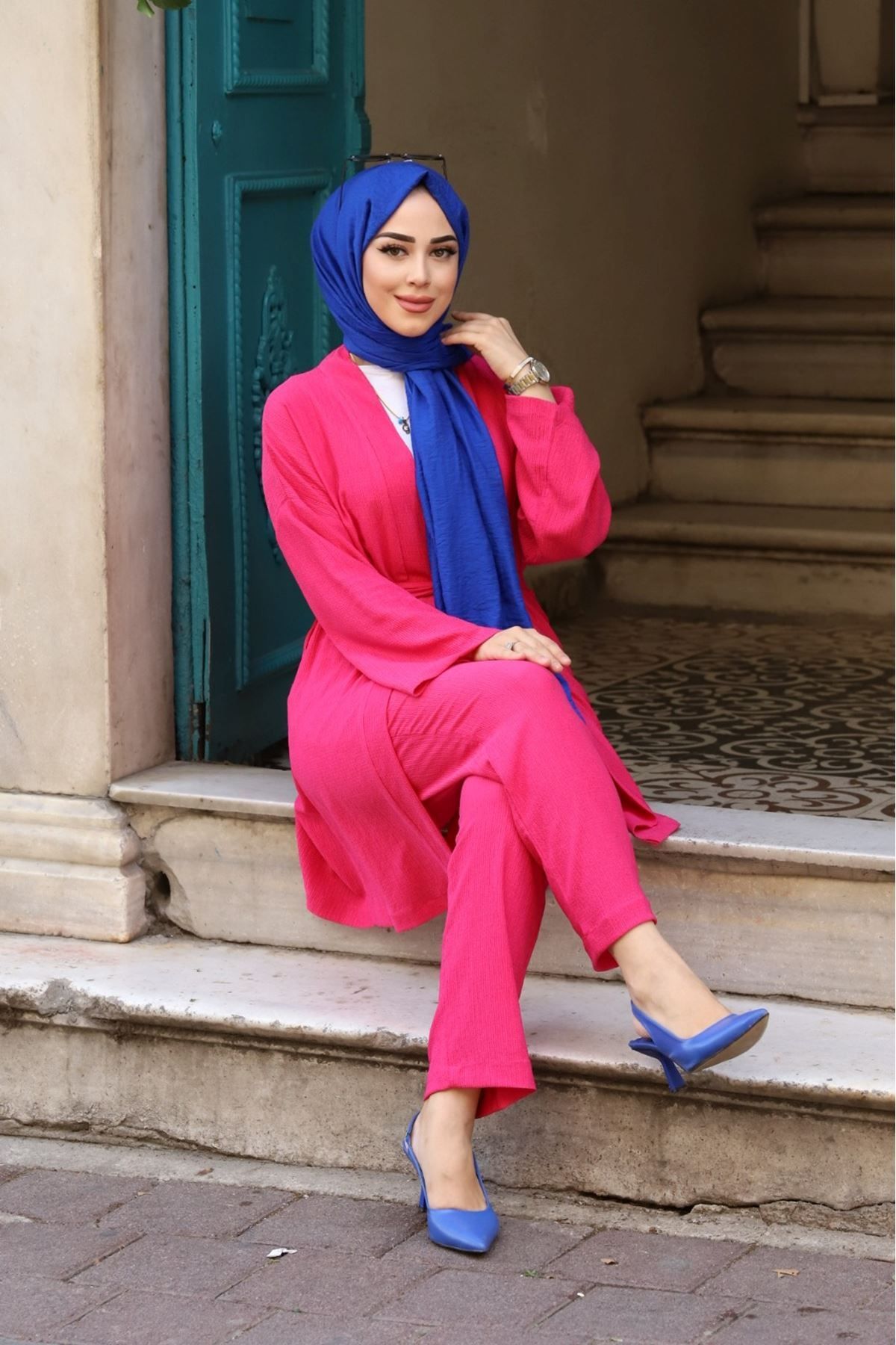 Kuşaklı Detaylı Tesettür Kimono Takım Kuşaklı Detaylı Tesettür Kimono Takım