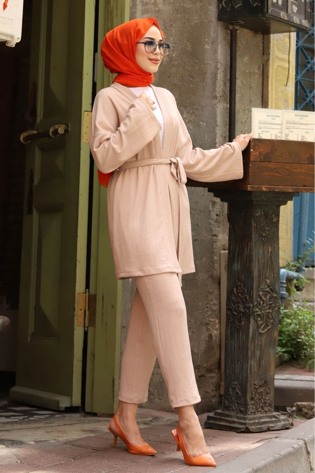 Kuşaklı Detaylı Tesettür Kimono Takım Kuşaklı Detaylı Tesettür Kimono Takım