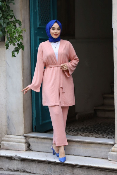 Kuşaklı Detaylı Tesettür Kimono Takım Kuşaklı Detaylı Tesettür Kimono Takım