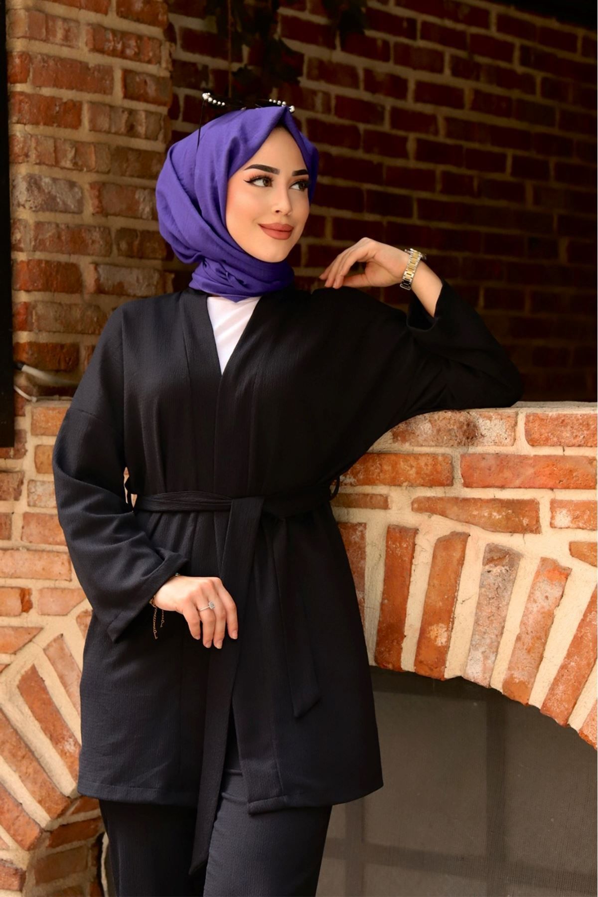 Kuşaklı Detaylı Tesettür Kimono Takım Kuşaklı Detaylı Tesettür Kimono Takım
