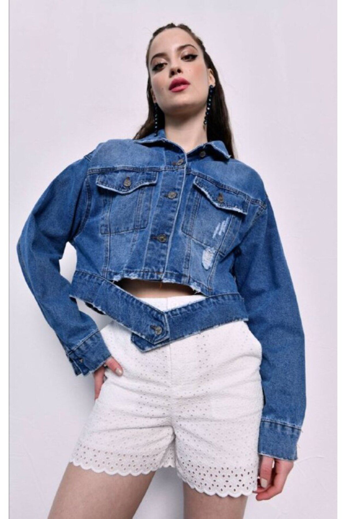 Duke Kemerli Yıpratmalı Denim Crop Kot Ceket