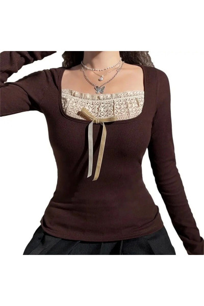 Vintage Dantelli Fiyonklu Kahverengi Uzun Kollu Bluz Vintage Dantelli Fiyonklu Kahverengi Uzun Kollu Bluz