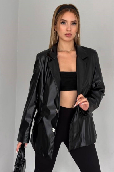 Siyah Gold Düğmeli Şardon Astarlı Kruvaze Yaka Blazer Deri Ceket 60 Cm Siyah Gold Düğmeli Şardon Astarlı Kruvaze Yaka Blazer Deri Ceket 60 Cm