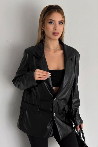 Siyah Gold Düğmeli Şardon Astarlı Kruvaze Yaka Blazer Deri Ceket 60 Cm Siyah Gold Düğmeli Şardon Astarlı Kruvaze Yaka Blazer Deri Ceket 60 Cm