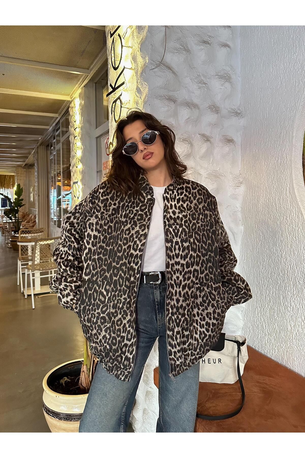 Kristen Leopar Desen Bomber Ceket