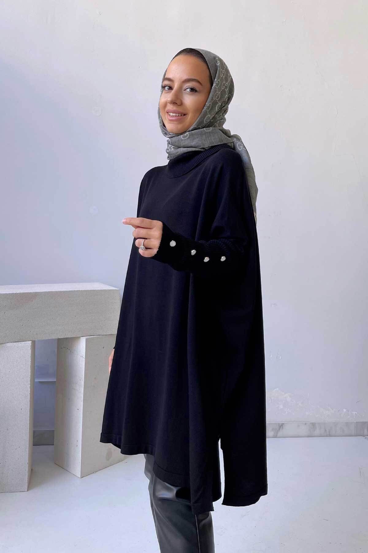 Oversize Merserize Tesettür Tunik - Siyah