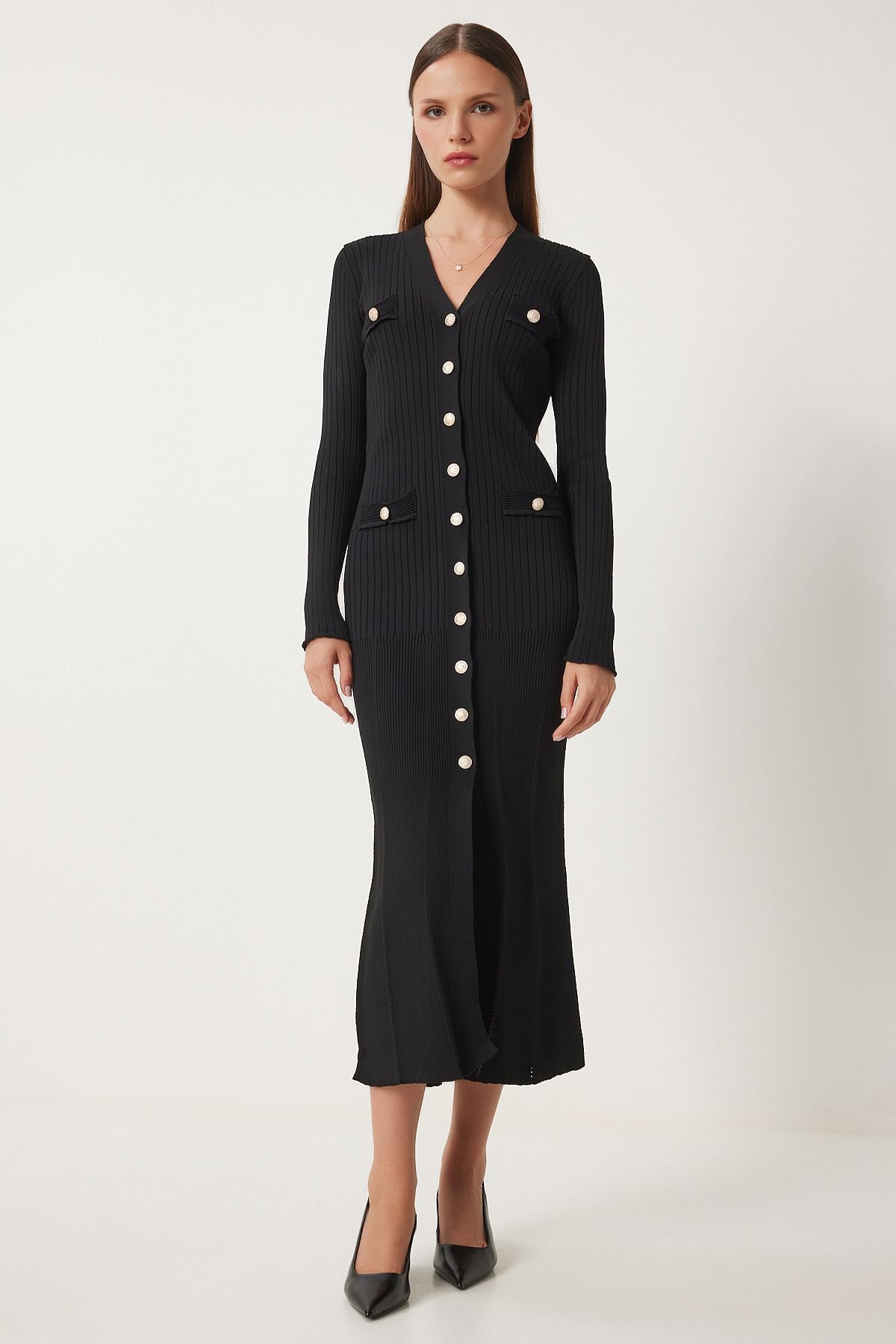 Kadın Siyah Şık Düğmeli Fitilli Triko Elbise FN03379 Kadın Siyah Şık Düğmeli Fitilli Triko Elbise FN03379