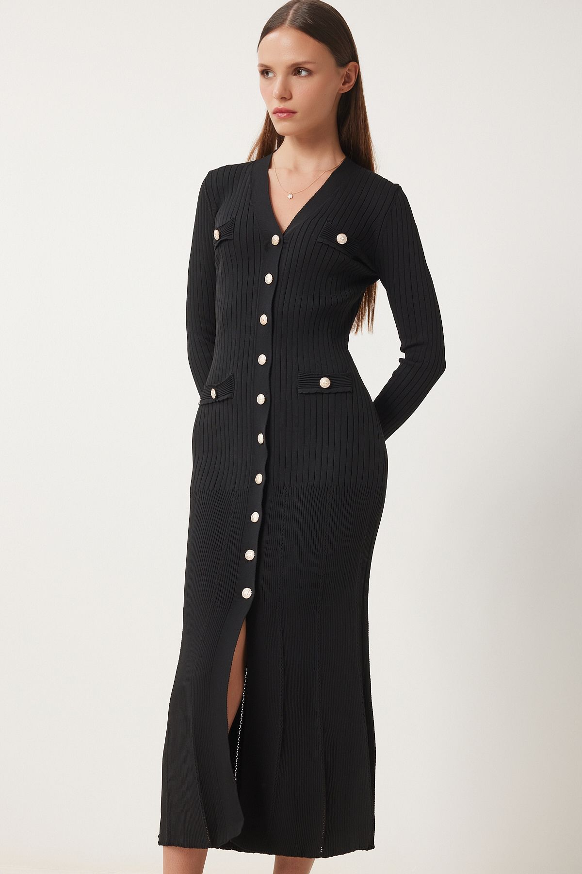 Kadın Siyah Şık Düğmeli Fitilli Triko Elbise FN03379 Kadın Siyah Şık Düğmeli Fitilli Triko Elbise FN03379