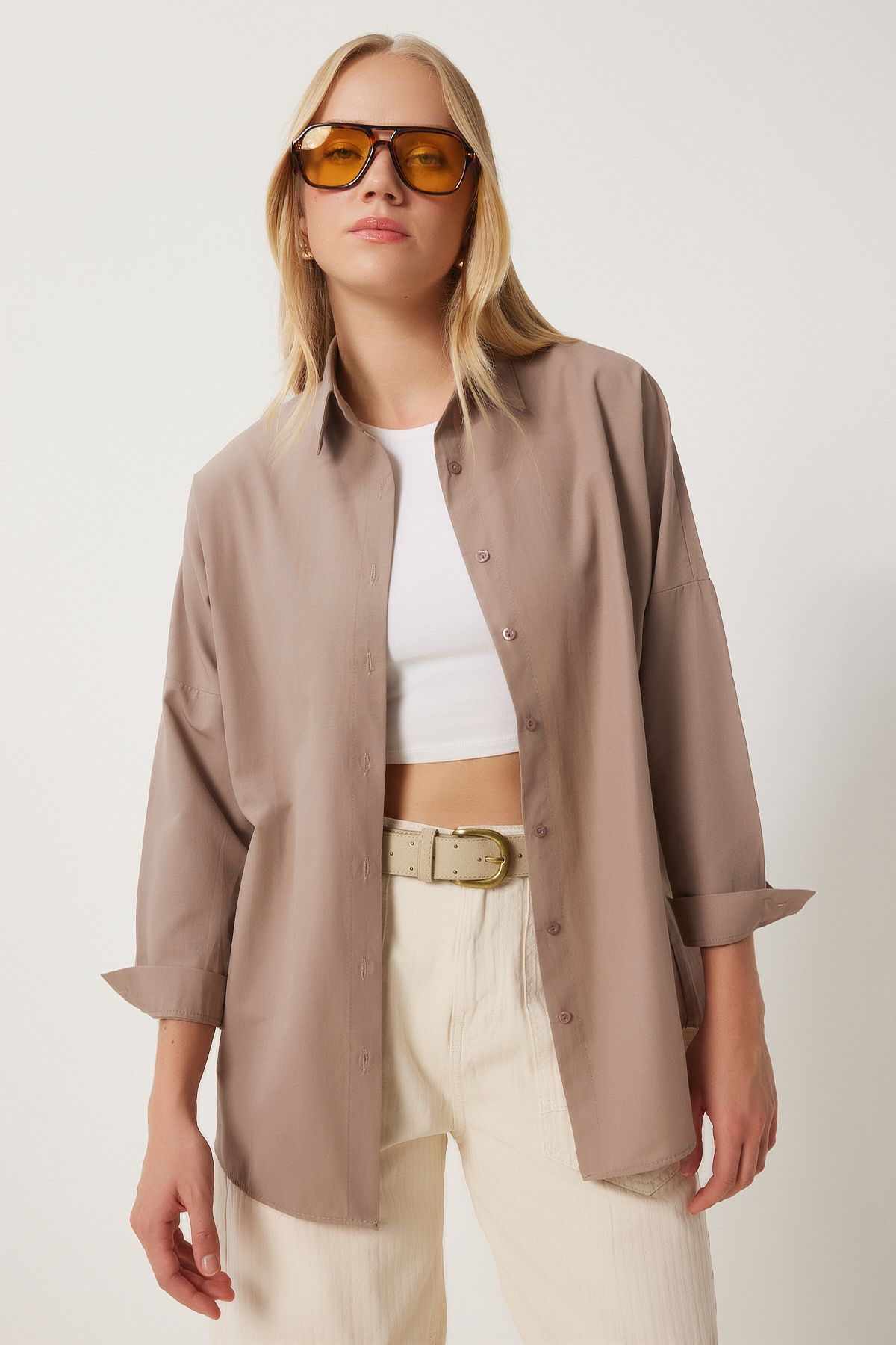 Kadın Vizon Oversize Uzun Basic Gömlek DD00842 Kadın Vizon Oversize Uzun Basic Gömlek DD00842