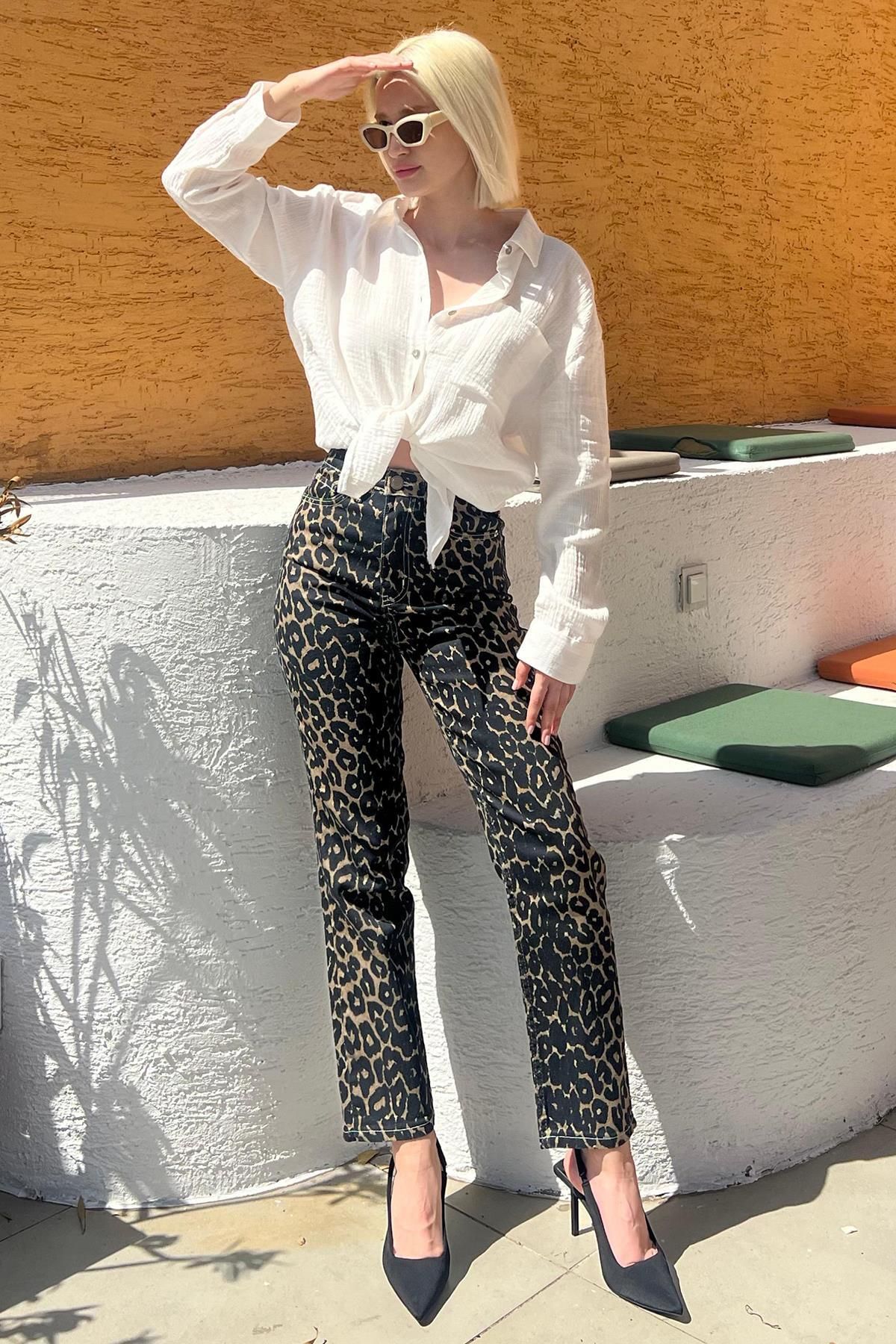 Siyah Leopar Kadın Jean Pantolon Sh175 Siyah Leopar Kadın Jean Pantolon Sh175