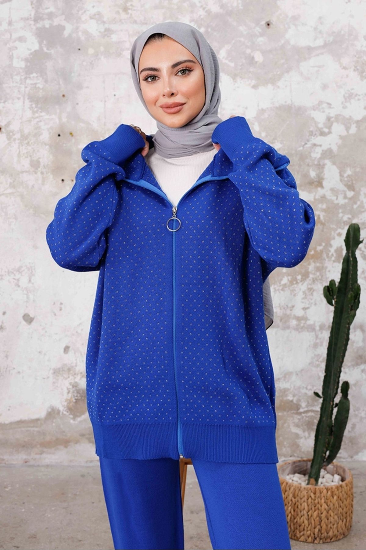 Simli Hırka Pantolon İkili Triko Takım 1237 - Saks Mavisi Simli Hırka Pantolon İkili Triko Takım 1237 - Saks Mavisi