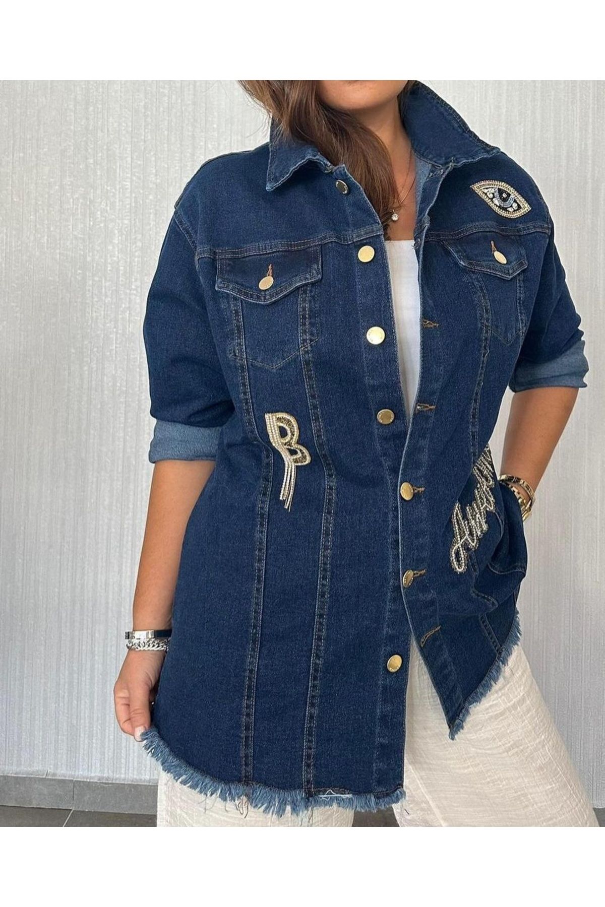 Oversize Patch Süslemeli Jean Ceket