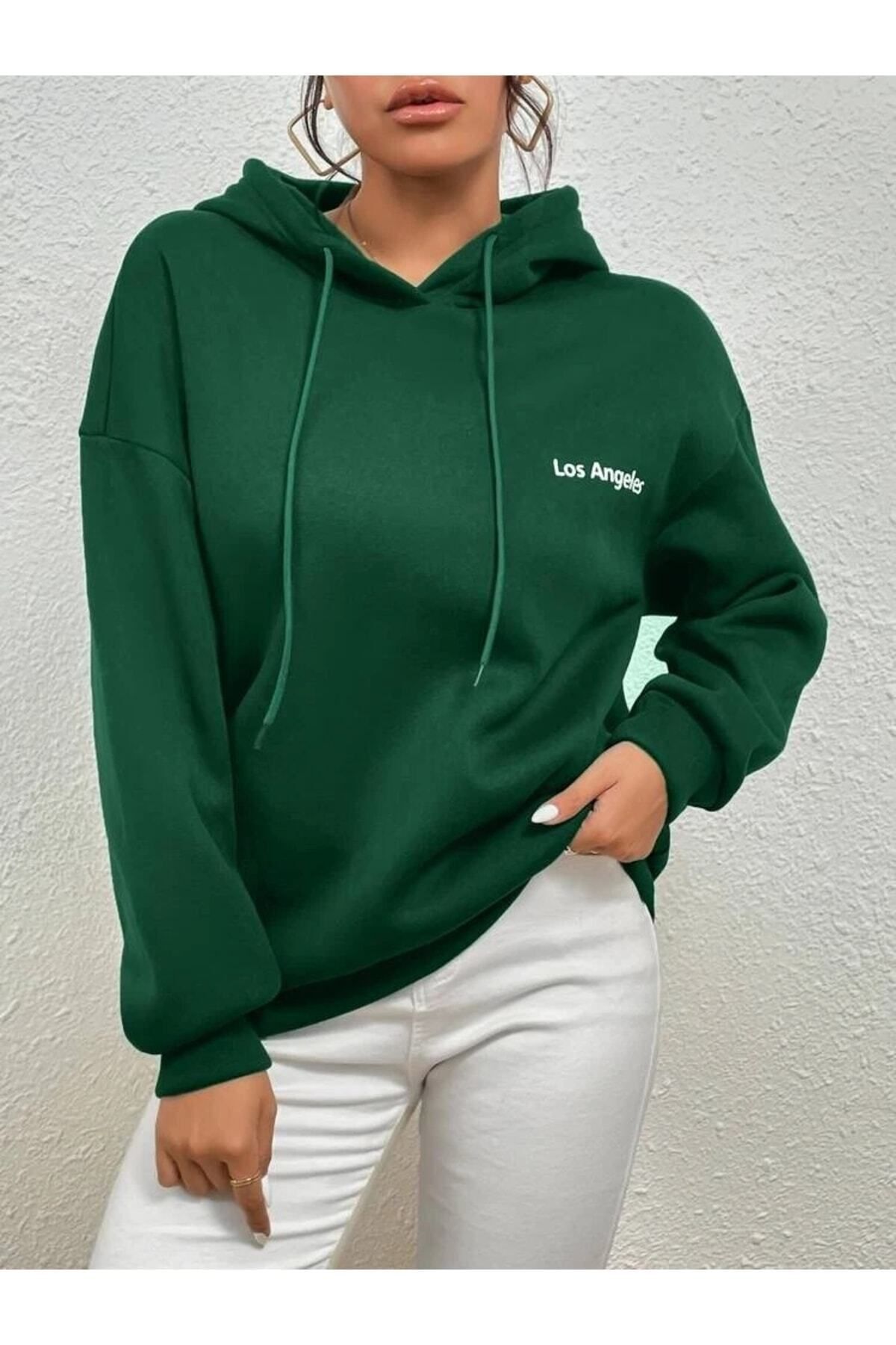 Yeşil Los Angeles Baskı Oversize Kapüşonlu Sweatshirt