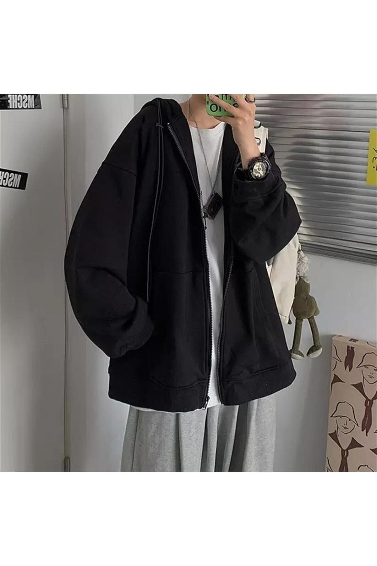 Düz Siyah Unisex Oversize (3 İPLİK) Kalın Kışlık Içi Polarlı Hırka