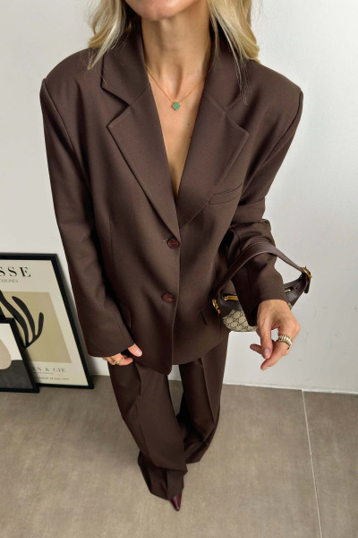 Koyu Kahve Fileto Cepli Astarlı Oversize Blazer Ceket Koyu Kahve Fileto Cepli Astarlı Oversize Blazer Ceket