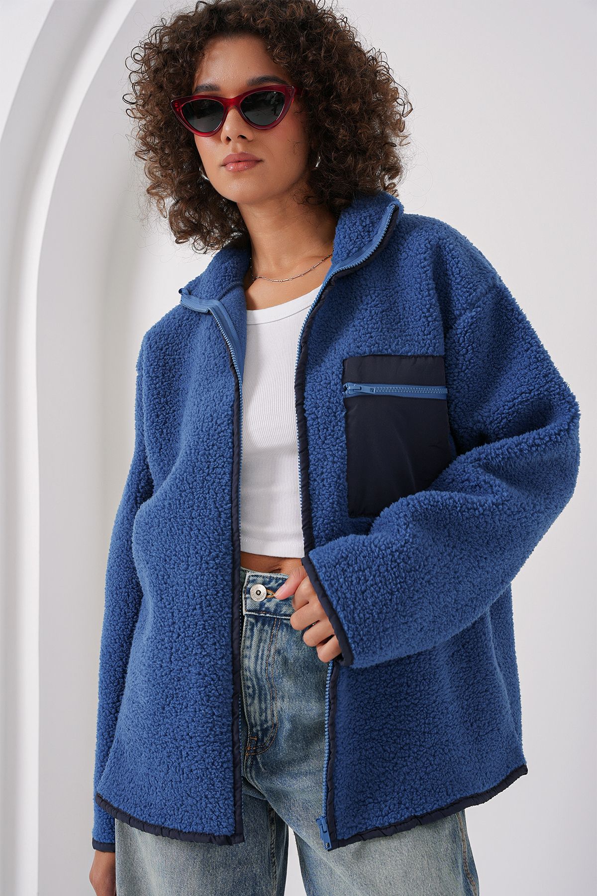 55446 Fermuarlı Oversize Peluş Ceket - Saks