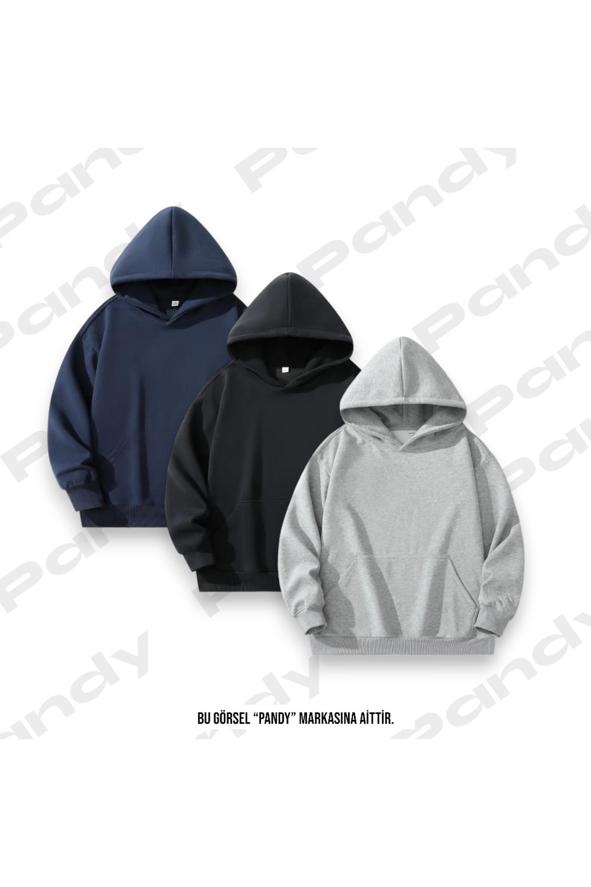 Unisex 3'lü Siyah Gri Lacivert Kapüşonlu Kanguru Cepli Oversize Sweatshirt