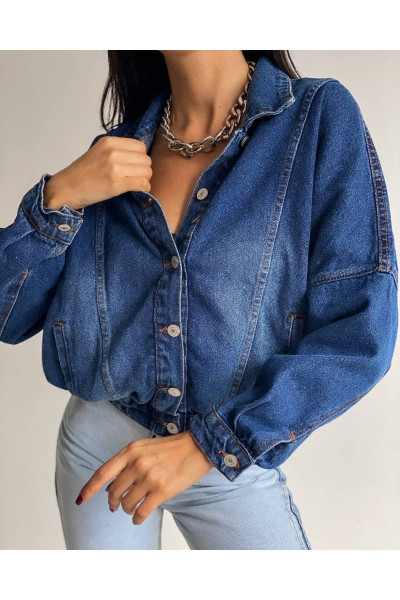Kısa Oversize Kadın Lastikli Kot Ceket Kısa Oversize Kadın Lastikli Kot Ceket