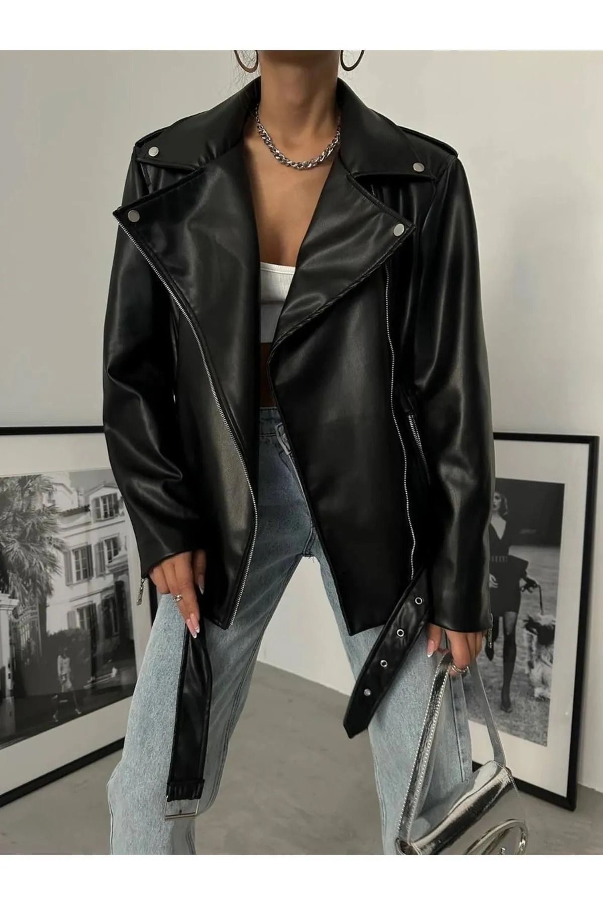 Yeni Sezon Oversize Kadın Siyah Biker Deri Ceket Yeni Sezon Oversize Kadın Siyah Biker Deri Ceket