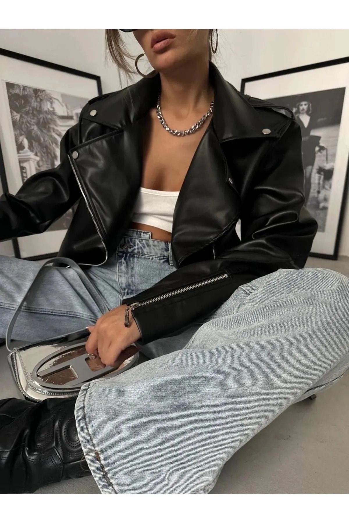 Yeni Sezon Oversize Kadın Siyah Biker Deri Ceket Yeni Sezon Oversize Kadın Siyah Biker Deri Ceket