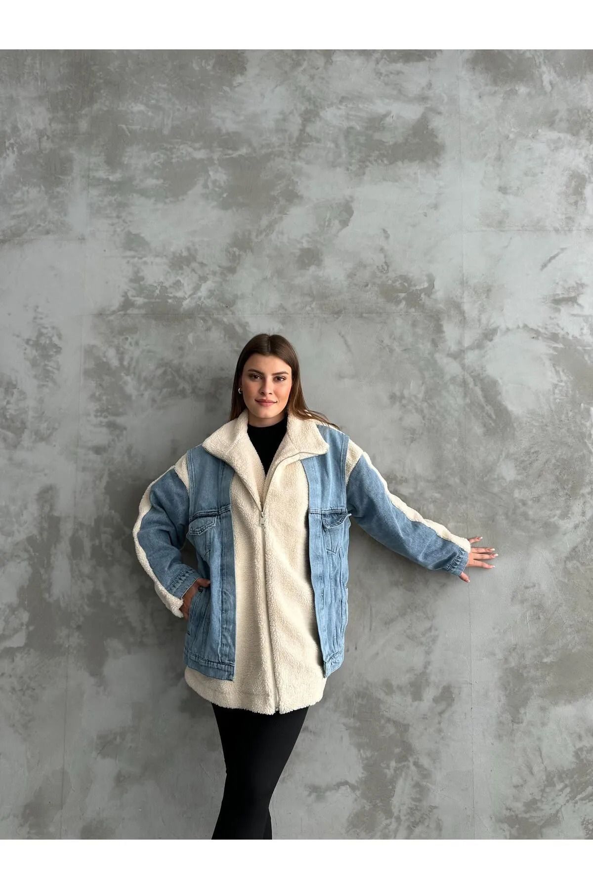 kot detaylı kuzu mont, oversize peluş mont, kürklü kot mont, jean mont