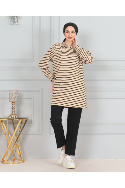 KADIN YANINA ÇİZGİLİ YUVARLAK BİSİKLET YAKA ESNEK LİKRALI TESETTÜR SWEAT TUNİK KADIN YANINA ÇİZGİLİ YUVARLAK BİSİKLET YAKA ESNEK LİKRALI TESETTÜR SWEAT TUNİK