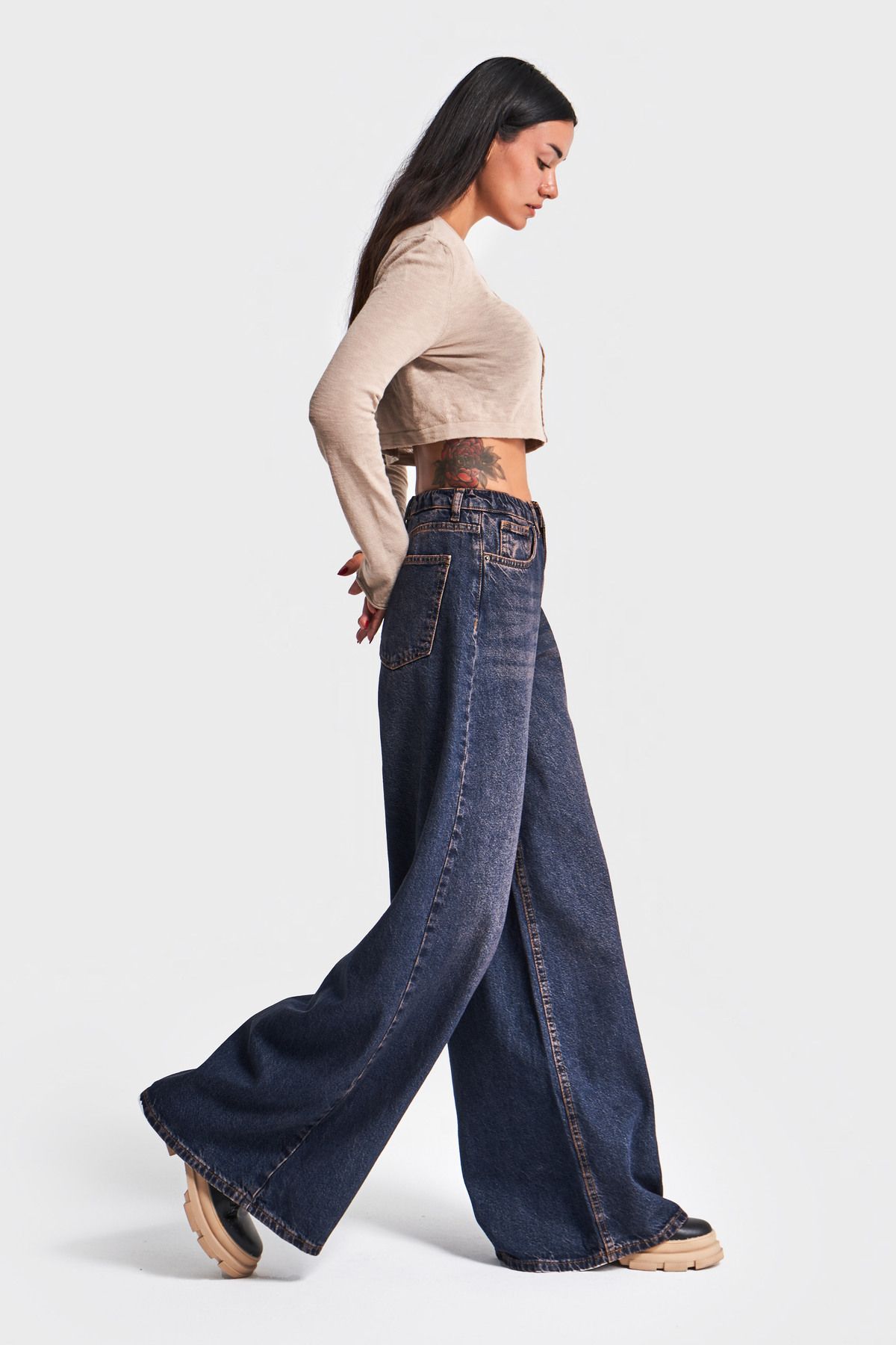 Kadın T.Kot Rengi Palazzo Fit Beli Lastikli Denim Kadın T.Kot Rengi Palazzo Fit Beli Lastikli Denim
