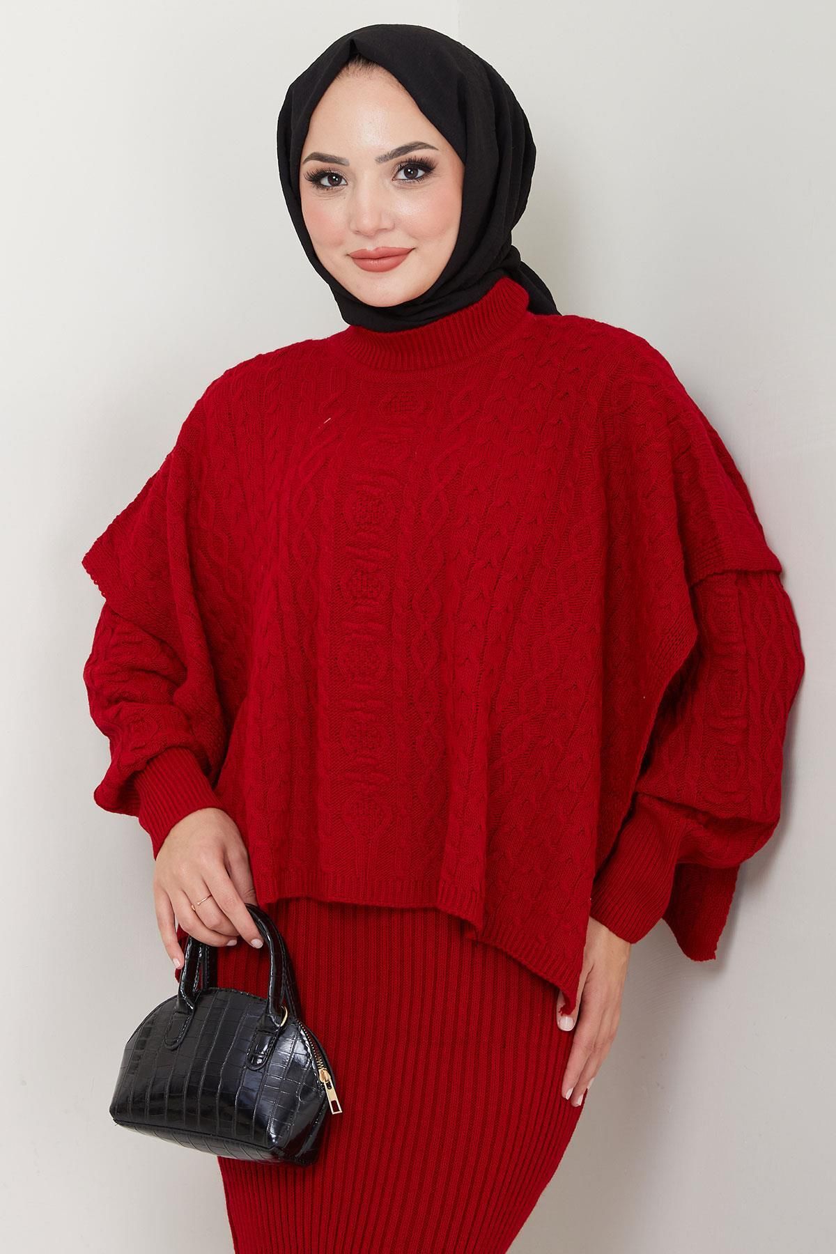 Pançolu Triko Elbise İkili Takım Kırmızı HM2564 Pançolu Triko Elbise İkili Takım Kırmızı HM2564