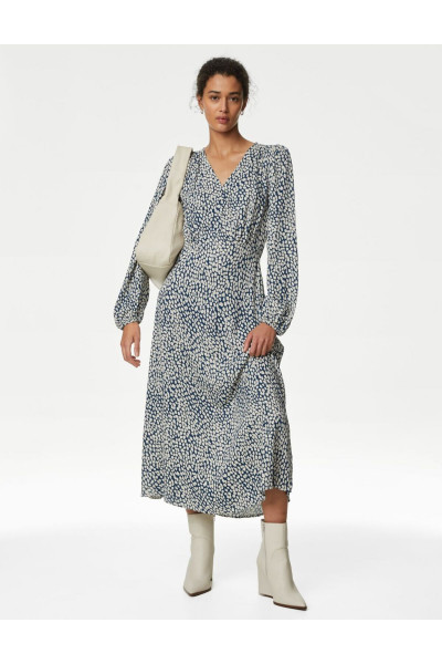 V Yaka Desenli Midi Elbise