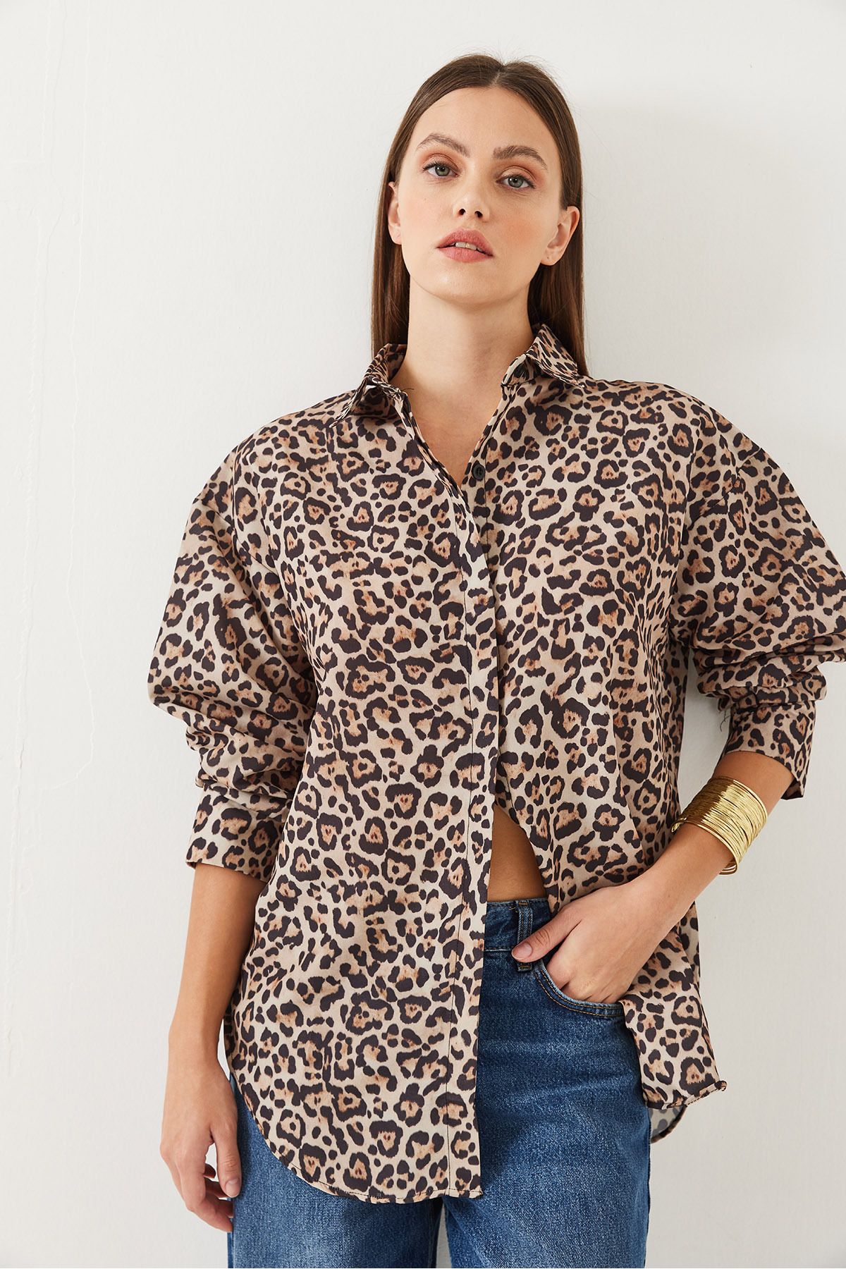 Kadın Leopar Desenli Oversize Basic Gömlek 60351003