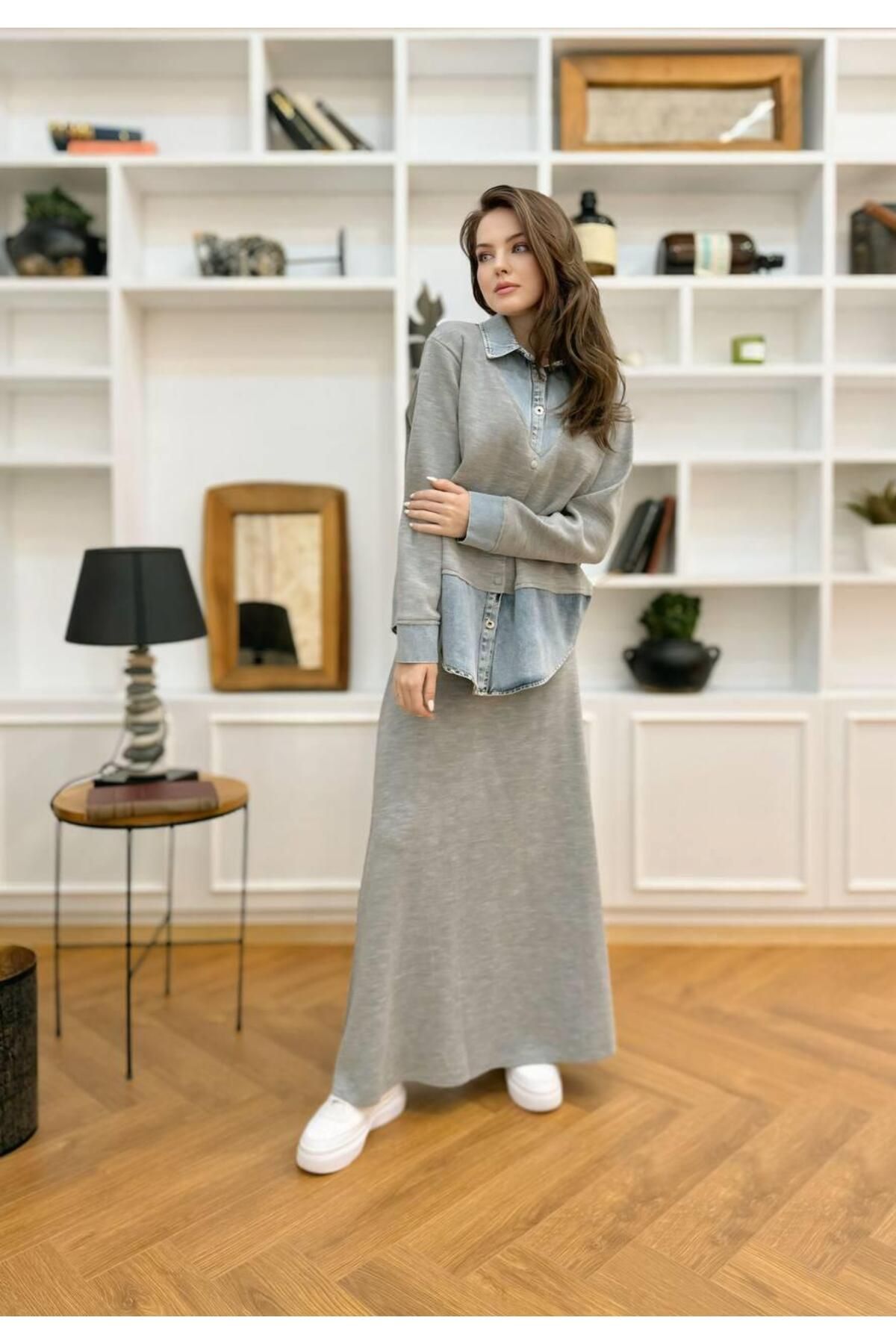 Premium Kalite Denim Kot Detaylı Etekli Triko Takım İkili Tasarım Triko Takım Premium Kalite Denim Kot Detaylı Etekli Triko Takım İkili Tasarım Triko Takım