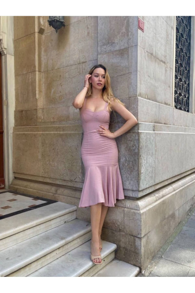 KADIN PEMBE KETEN VOLANLI MİDİ ELBİSE KADIN PEMBE KETEN VOLANLI MİDİ ELBİSE