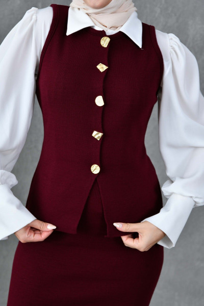 Modest Düğmeli Kolsuz Yelek ve Yüksek Bel Midi Boy Etek Alt Üst Bordo Triko Takım 5155 Modest Düğmeli Kolsuz Yelek ve Yüksek Bel Midi Boy Etek Alt Üst Bordo Triko Takım 5155