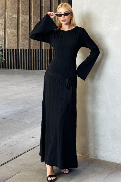 Kadın Siyah Kayık Yaka İspanyol Kol Kendinden Çizgili Bağlama Detaylı Triko Elbise ALC-X12964 Kadın Siyah Kayık Yaka İspanyol Kol Kendinden Çizgili Bağlama Detaylı Triko Elbise ALC-X12964