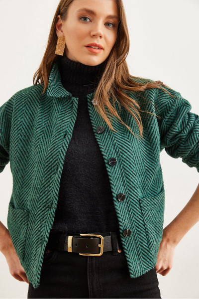 Kadın Zümrüt Yeşili Çift Cepli Kaşe Astarsız Ceket CKT-19000391