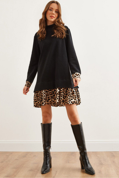 Kadın Siyah Leopar Garnili Selanik Elbise ELB-19000965 Kadın Siyah Leopar Garnili Selanik Elbise ELB-19000965