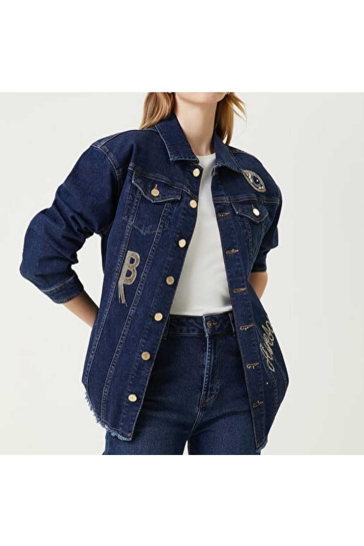 Oversize Patch Süslemeli Jean Ceket