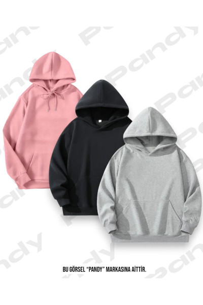 Unisex 3'lü Siyah Gri Pembe Kapüşonlu Kanguru Cepli Oversize Sweatshirt Unisex 3'lü Siyah Gri Pembe Kapüşonlu Kanguru Cepli Oversize Sweatshirt