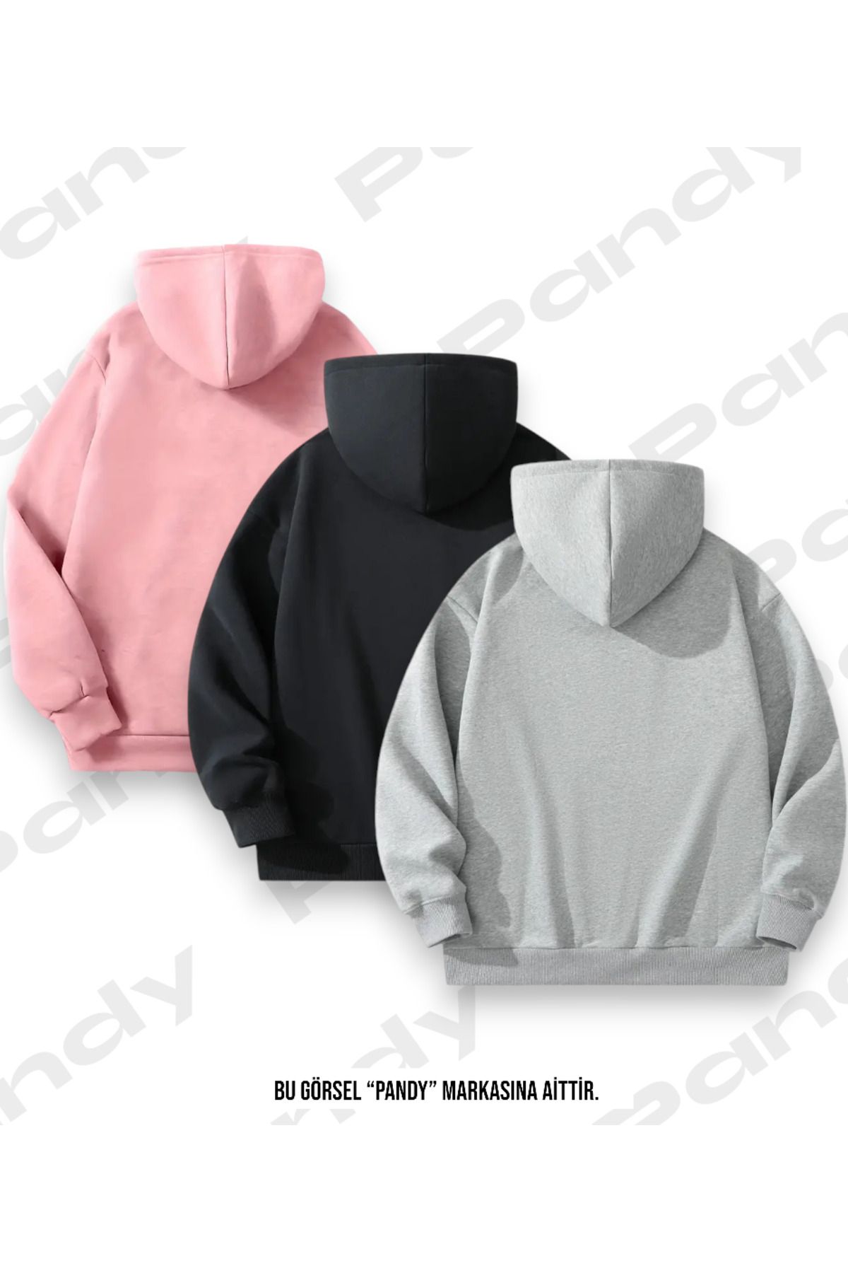 Unisex 3'lü Siyah Gri Pembe Kapüşonlu Kanguru Cepli Oversize Sweatshirt