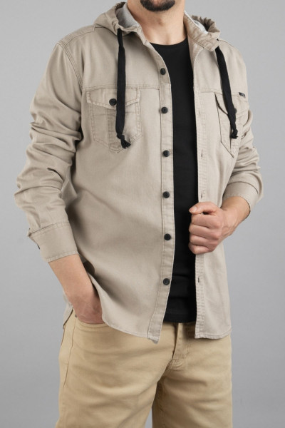Kapüşonlu Slim Fit Erkek Kot Gömlek Taş Kapüşonlu Slim Fit Erkek Kot Gömlek Taş