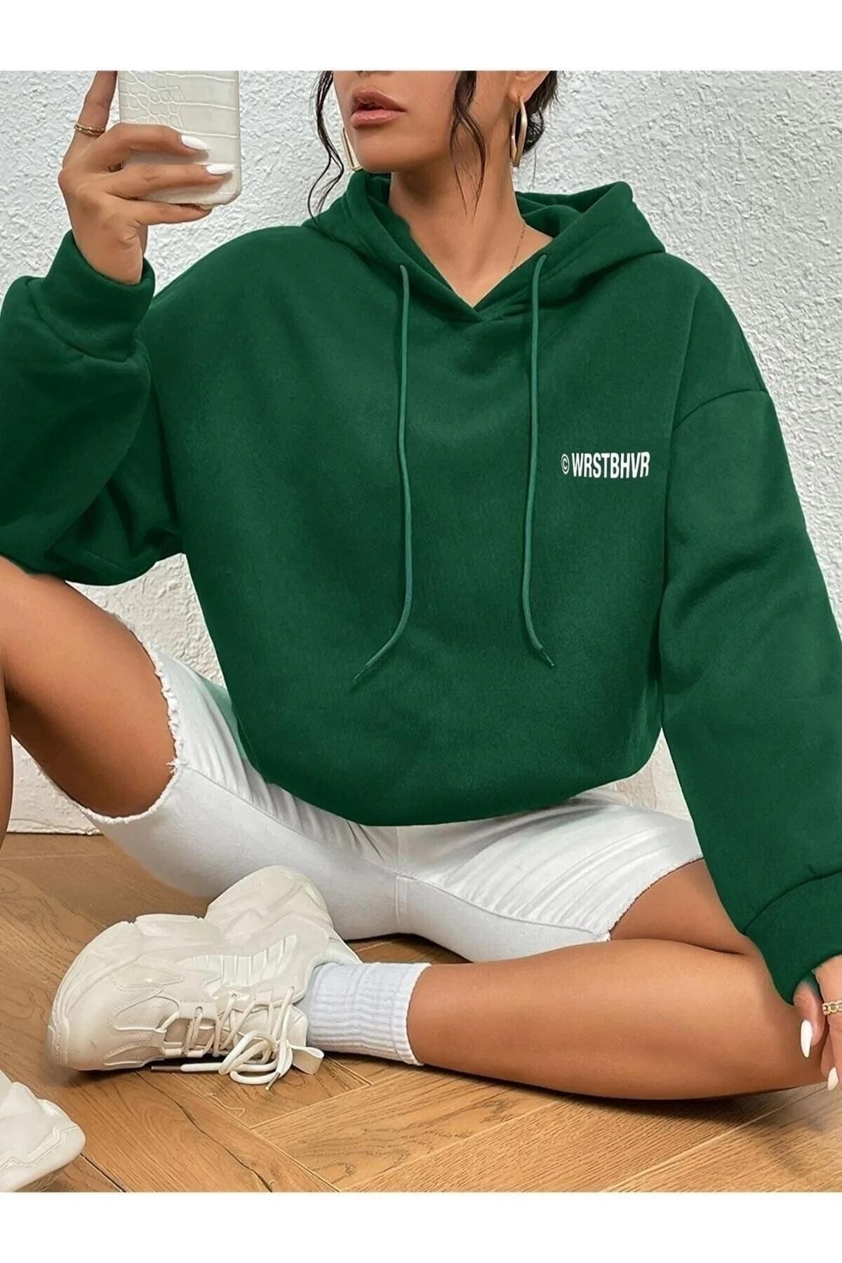 Kadın Yeşil Wrst Baskılı Kapüşonlu Sweatshirt