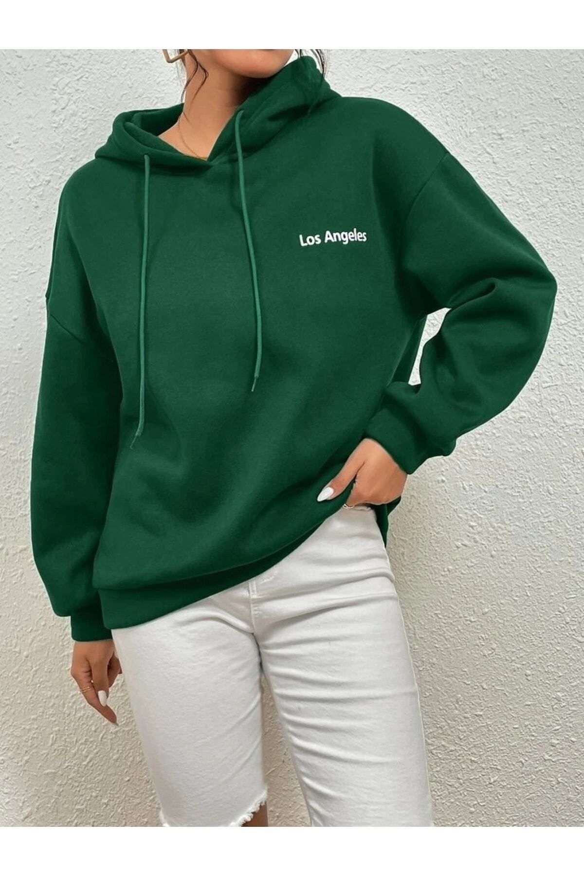 Yeşil Los Angeles Baskı Oversize Kapüşonlu Sweatshirt