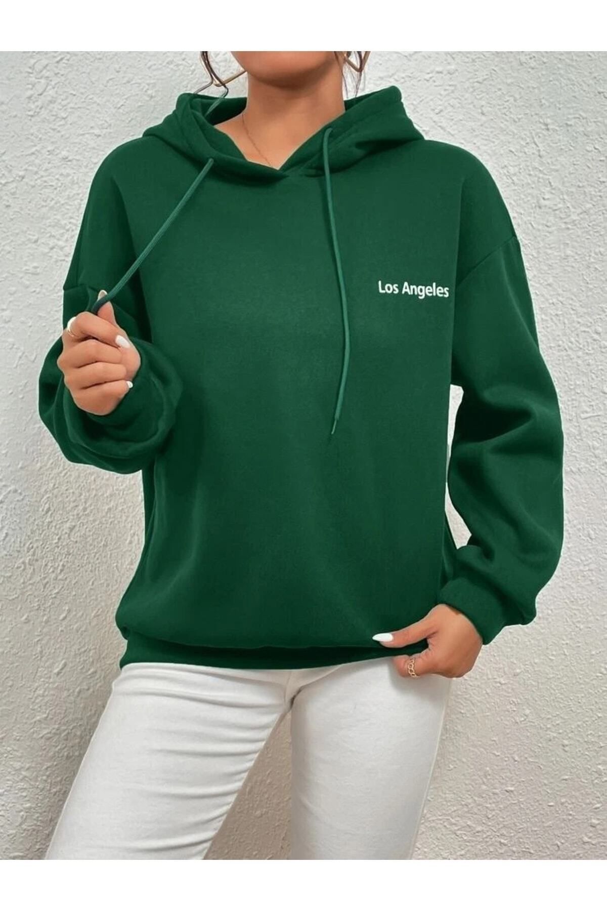 Yeşil Los Angeles Baskı Oversize Kapüşonlu Sweatshirt