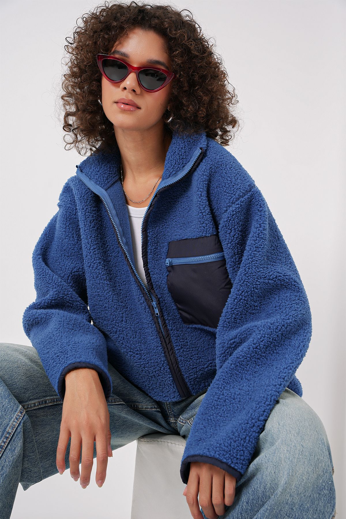 55446 Fermuarlı Oversize Peluş Ceket - Saks