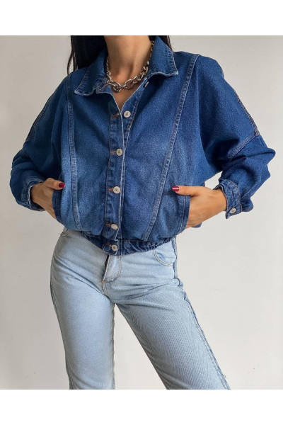 Kısa Oversize Kadın Lastikli Kot Ceket Kısa Oversize Kadın Lastikli Kot Ceket