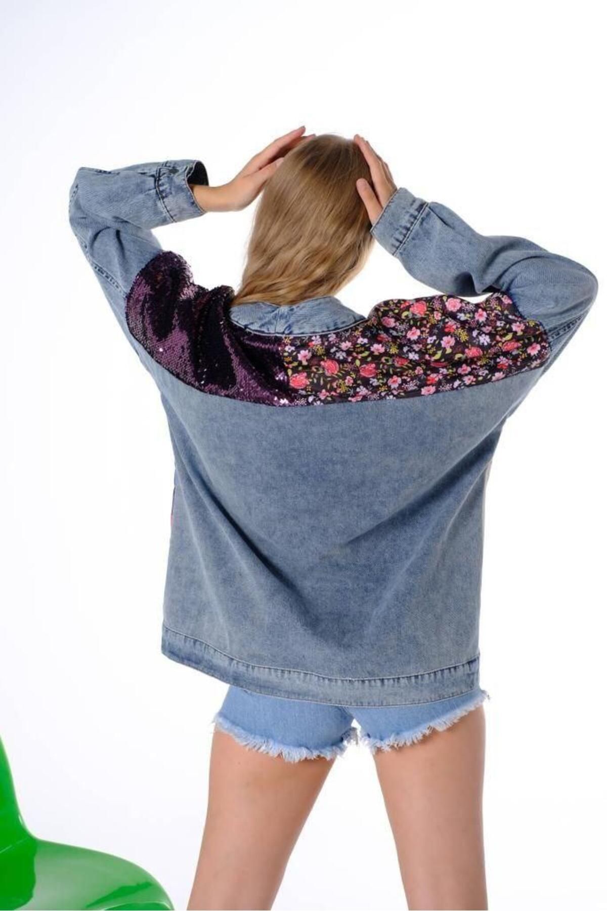Kadın Payetli Pullu Rengarenk Desenli Saten Astarlı Tasarım Kot Denim Retro Ceket Kadın Payetli Pullu Rengarenk Desenli Saten Astarlı Tasarım Kot Denim Retro Ceket