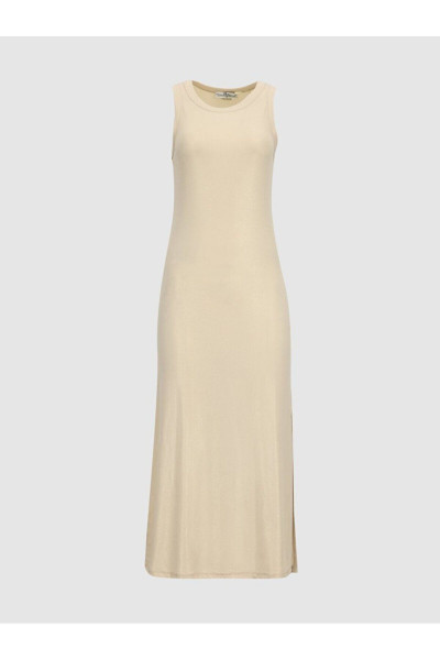 Yırtmaçlı Fitilli Midi Bej Elbise Yırtmaçlı Fitilli Midi Bej Elbise