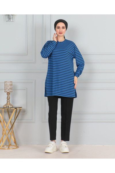 KADIN YANINA ÇİZGİLİ YUVARLAK BİSİKLET YAKA ESNEK LİKRALI TESETTÜR SWEAT TUNİK KADIN YANINA ÇİZGİLİ YUVARLAK BİSİKLET YAKA ESNEK LİKRALI TESETTÜR SWEAT TUNİK