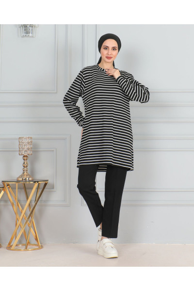 KADIN YANINA ÇİZGİLİ YUVARLAK BİSİKLET YAKA ESNEK LİKRALI TESETTÜR SWEAT TUNİK KADIN YANINA ÇİZGİLİ YUVARLAK BİSİKLET YAKA ESNEK LİKRALI TESETTÜR SWEAT TUNİK