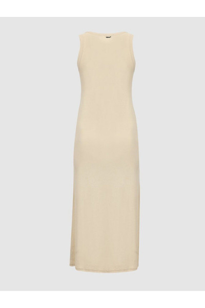 Yırtmaçlı Fitilli Midi Bej Elbise Yırtmaçlı Fitilli Midi Bej Elbise